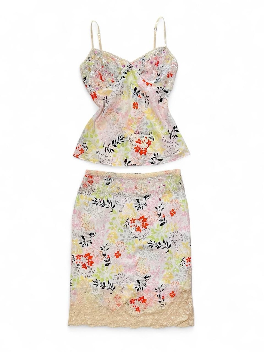 Floral Lace Trim Camisole & Skirt Set - Pastel Multicolor